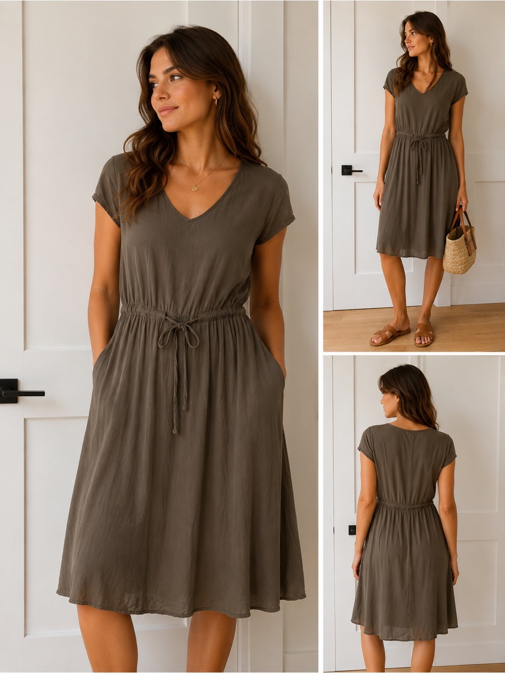 SHEIN V-Neck Drawstring Waist Midi Dress - Olive